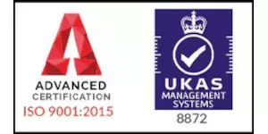 Logos for Advanced Certification ISO 9001:2015 and UKAS Management Systems accreditation.
