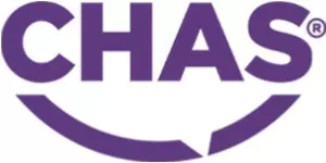 Purple "CHAS" logo with a curved line beneath, resembling a smile.