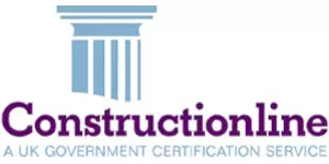 Logo of Constructionline featuring a blue column and purple text, a UK certification service.