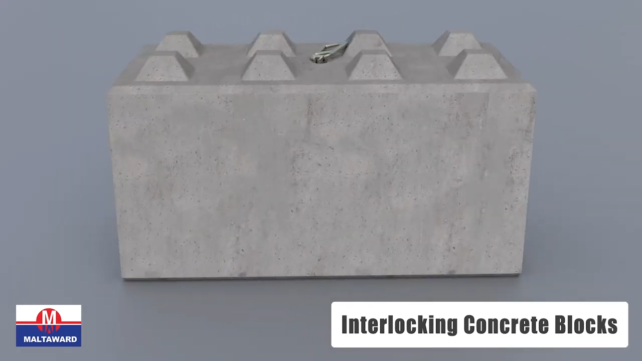 Large interlocking concrete block with a lizard on top and labelled “Interlocking Concrete Block”.