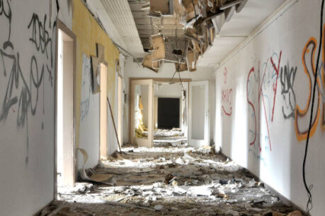 Long corridor in an abandoned office building