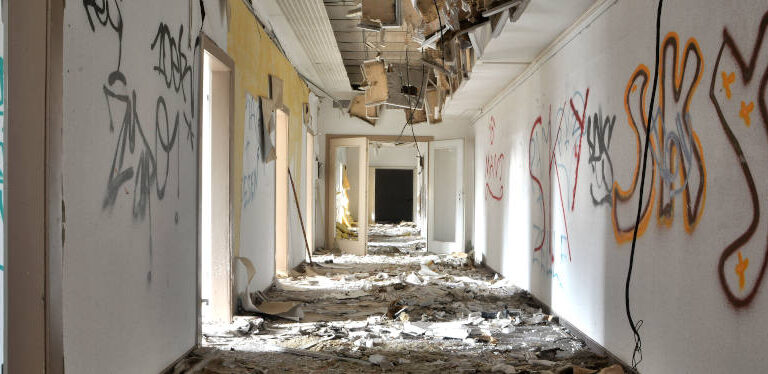 Long corridor in an abandoned office building