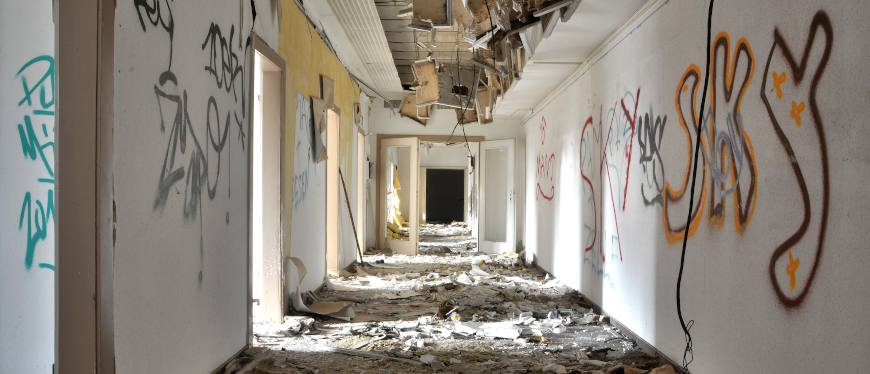 Long corridor in an abandoned office building