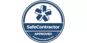 Circular logo with a flower design and the text "SafeContractor Approved."