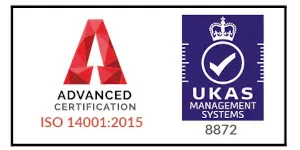 Advanced Certification and UKAS Management Systems logos with ISO 14001:2015 accreditation.