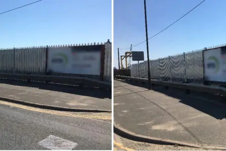 Two views of a metal fence alongside a road on a sunny day.